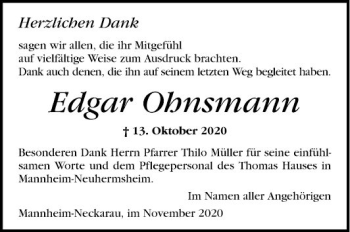 Traueranzeige von Edgar Ohnsmann von Mannheimer Morgen