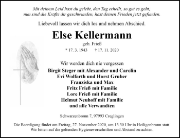 Traueranzeige von Else Kellermann von Fränkische Nachrichten