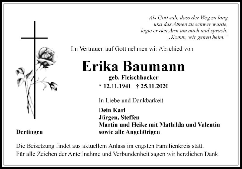  Traueranzeige für Erika Baumann vom 27.11.2020 aus Fränkische Nachrichten