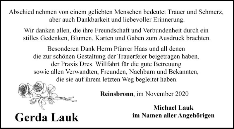  Traueranzeige für Gerda Lauk vom 21.11.2020 aus Fränkische Nachrichten