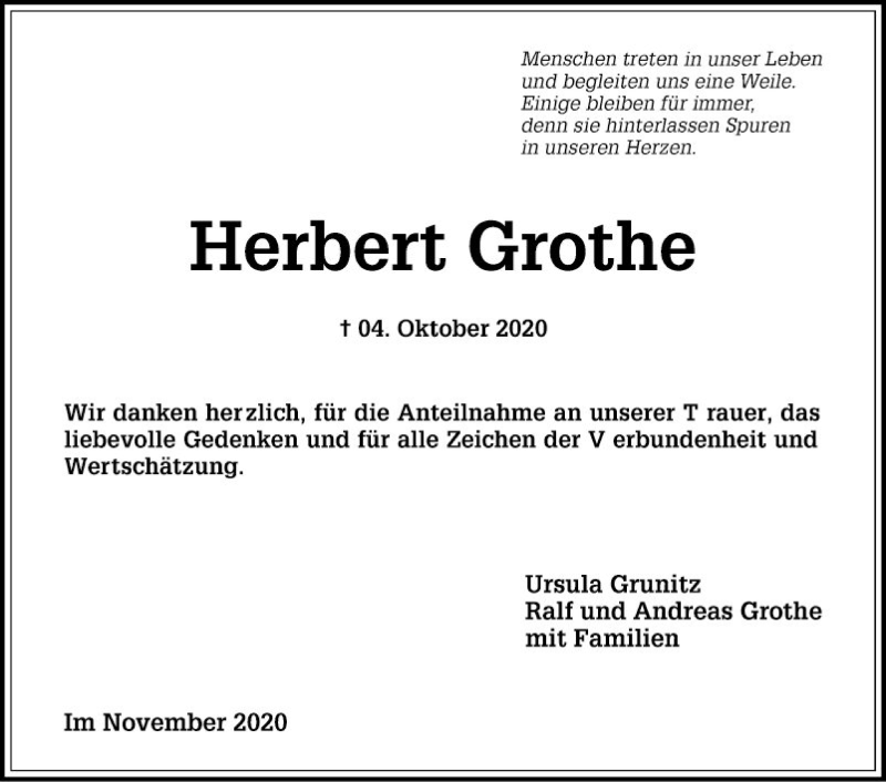  Traueranzeige für Herbert Grothe vom 21.11.2020 aus Schwetzinger Zeitung