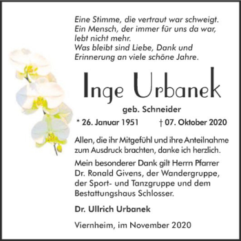 Traueranzeige von Inge Urbanek von Südhessen Morgen