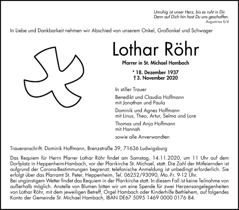  Traueranzeige für Lothar Röhr vom 07.11.2020 aus Bergsträßer Anzeiger