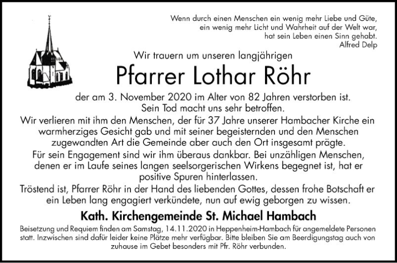  Traueranzeige für Lothar Röhr vom 11.11.2020 aus Bergsträßer Anzeiger