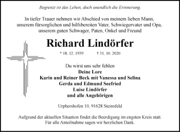 Traueranzeige von Richard Lindörfer von Fränkische Nachrichten