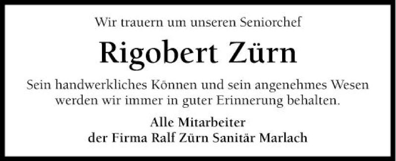  Traueranzeige für Rigobert Zürn vom 27.11.2020 aus Fränkische Nachrichten