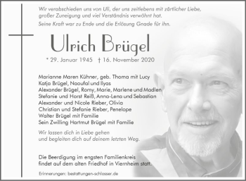 Traueranzeige von Ulrich Brügel von Mannheimer Morgen