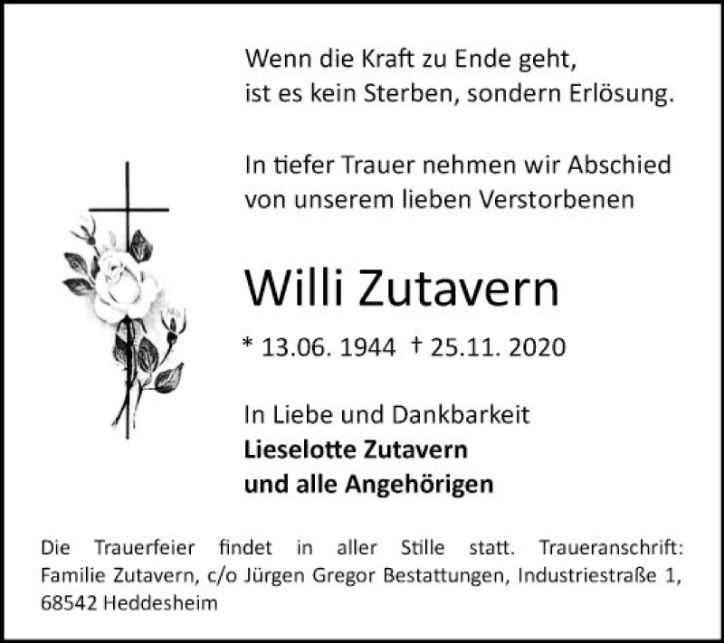  Traueranzeige für Willi Zutavern vom 28.11.2020 aus Mannheimer Morgen