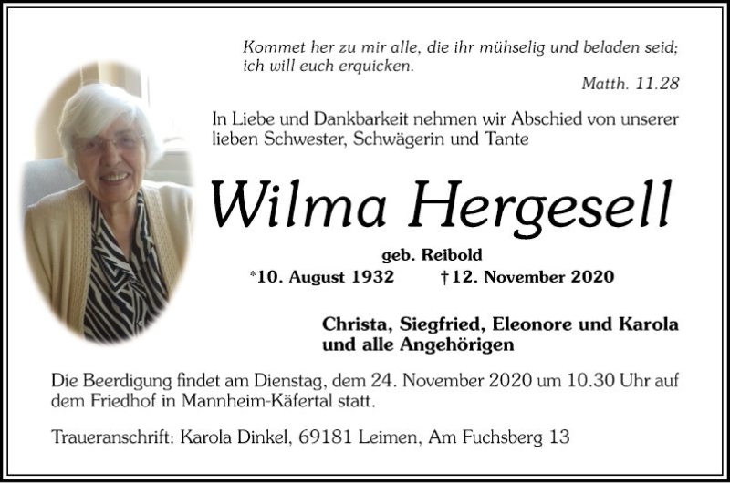  Traueranzeige für Wilma Hergesell vom 21.11.2020 aus Mannheimer Morgen