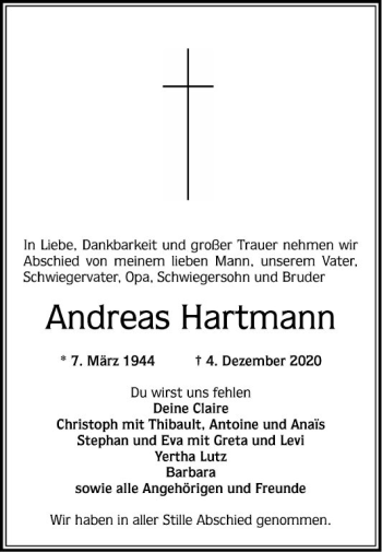 Traueranzeige von Andreas Hartmann von Schwetzinger Zeitung