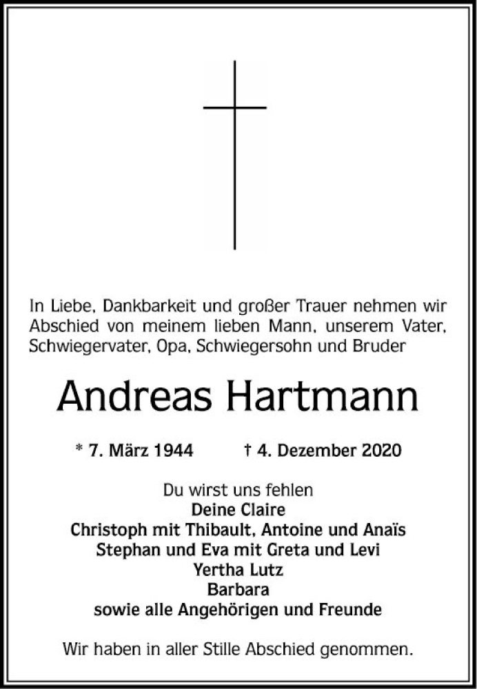  Traueranzeige für Andreas Hartmann vom 19.12.2020 aus Schwetzinger Zeitung