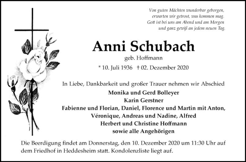  Traueranzeige für Anni Schubach vom 08.12.2020 aus Mannheimer Morgen