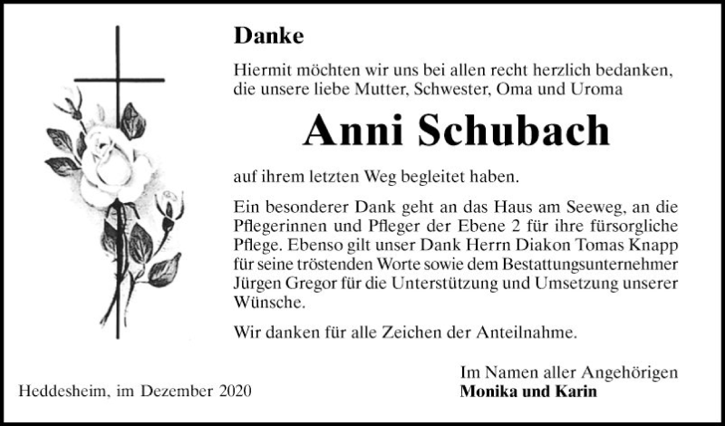  Traueranzeige für Anni Schubach vom 22.12.2020 aus Mannheimer Morgen