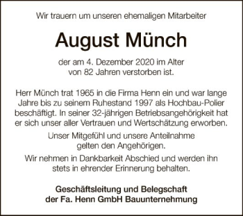 Traueranzeige von August Münch von Fränkische Nachrichten