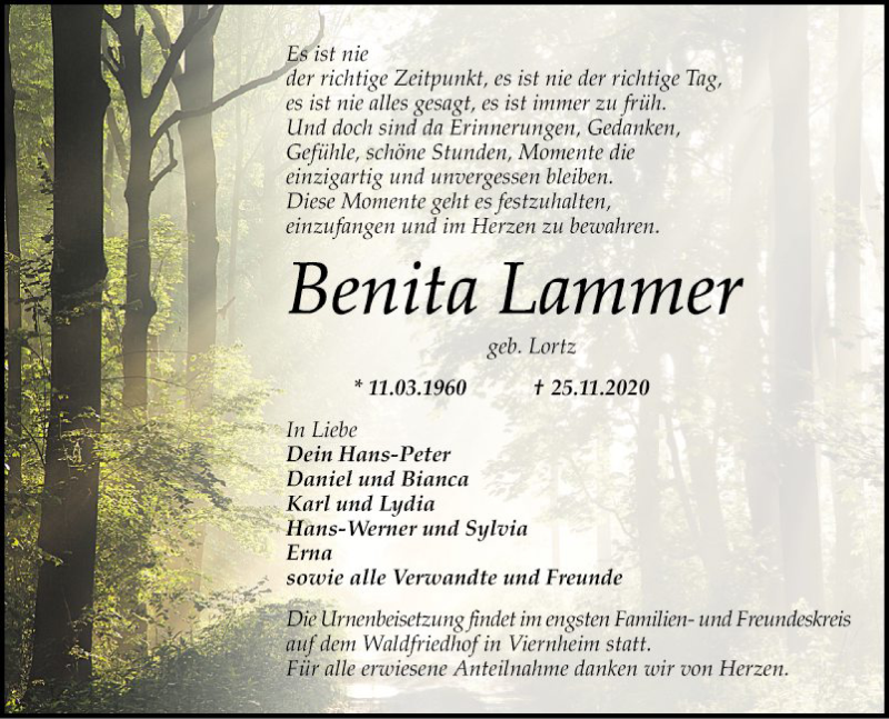  Traueranzeige für Benita Lammer vom 03.12.2020 aus Südhessen Morgen