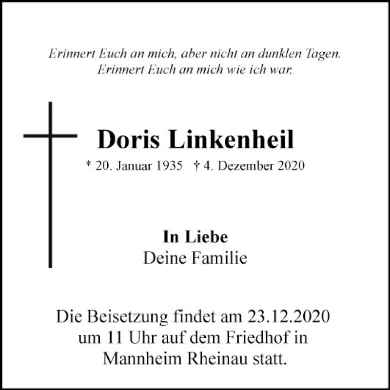  Traueranzeige für Doris Linkenheil vom 19.12.2020 aus Mannheimer Morgen
