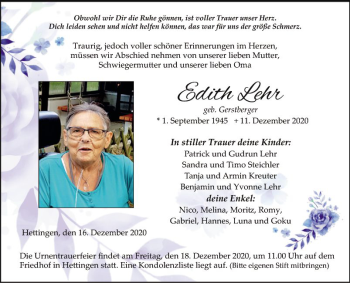 Traueranzeige von Edith Lehr von Fränkische Nachrichten