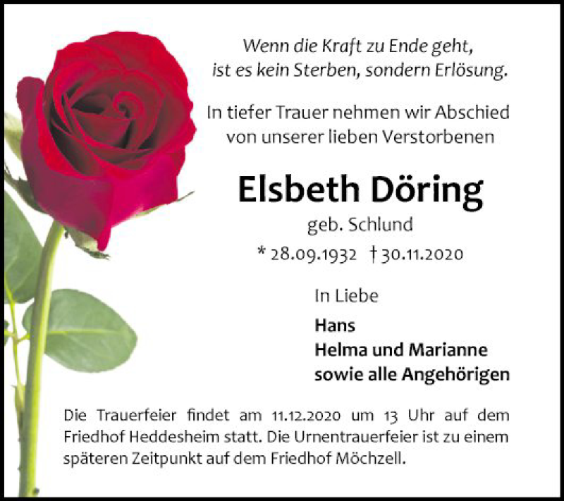  Traueranzeige für Elsbeth Döring vom 05.12.2020 aus Mannheimer Morgen