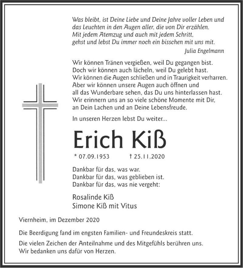  Traueranzeige für Erich Kiß vom 05.12.2020 aus Mannheimer Morgen