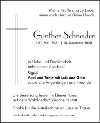Traueranzeige von Günther Schneider von Südhessen Morgen
