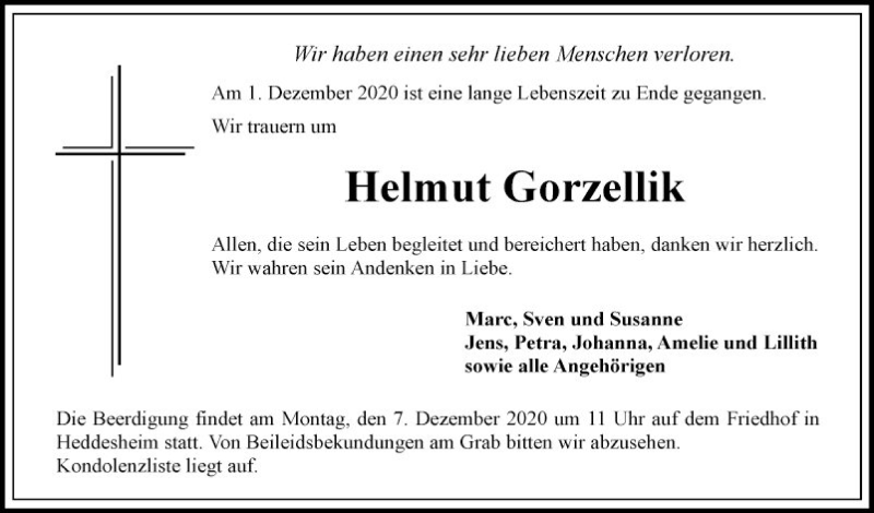  Traueranzeige für Helmut Gorzellik vom 05.12.2020 aus Mannheimer Morgen