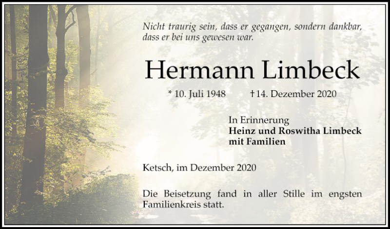  Traueranzeige für Hermann Limbeck vom 22.12.2020 aus Schwetzinger Zeitung