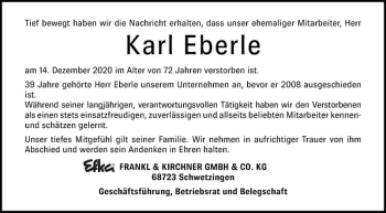 Traueranzeige von Karl Eberle von Schwetzinger Zeitung