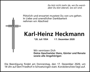 Traueranzeige von Karl-Heinz Heckmann von Schwetzinger Zeitung