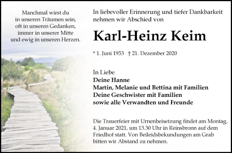  Traueranzeige für Karl-Heinz Keim vom 30.12.2020 aus Fränkische Nachrichten