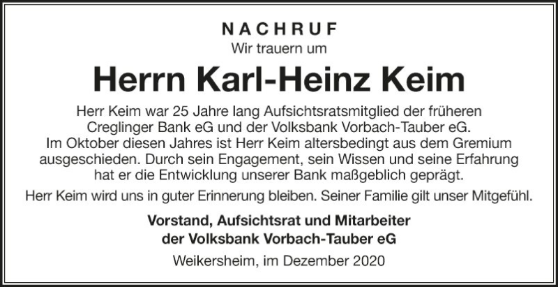  Traueranzeige für Karl-Heinz Keim vom 30.12.2020 aus Fränkische Nachrichten