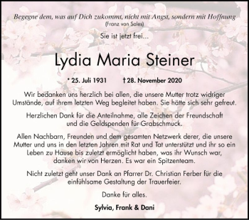 Traueranzeige von Lydia Maria Steiner von Bergsträßer Anzeiger