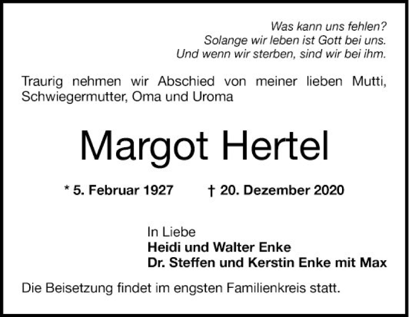  Traueranzeige für Margot Hertel vom 24.12.2020 aus Mannheimer Morgen
