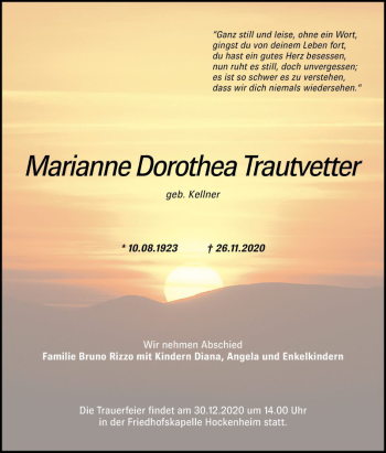Traueranzeige von Marianne Dorothea Trautvetter von Schwetzinger Zeitung