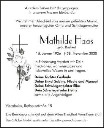 Traueranzeige von Mathilde Haas von Südhessen Morgen