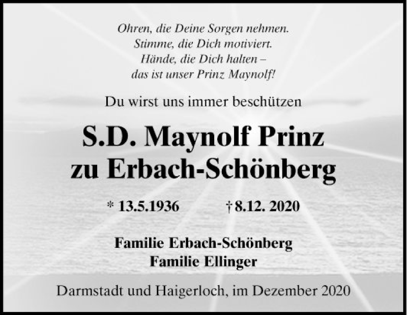  Traueranzeige für Maynolf Prinz zu Erbach-Schönberg vom 12.12.2020 aus Bergsträßer Anzeiger
