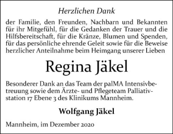 Traueranzeige von Regina Jäkel von Mannheimer Morgen