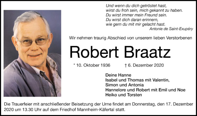  Traueranzeige für Robert Braatz vom 12.12.2020 aus Mannheimer Morgen