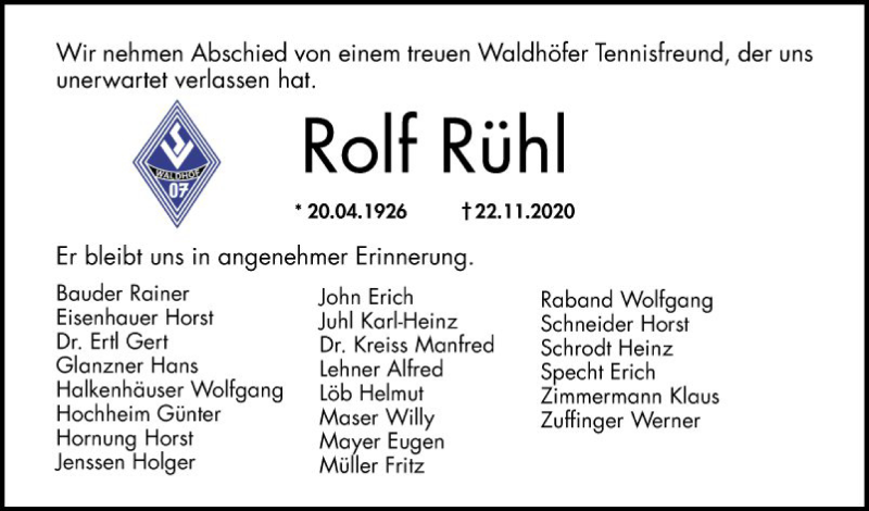  Traueranzeige für Rolf Rühl vom 05.12.2020 aus Mannheimer Morgen