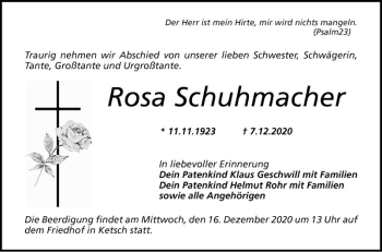 Traueranzeige von Rosa Schuhmacher von Schwetzinger Zeitung