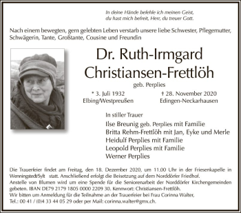 Traueranzeige von Ruth-Irmgard Christiansen-Frettlöh von Mannheimer Morgen