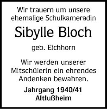 Traueranzeige von Sibylle Bloch von Schwetzinger Zeitung