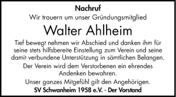 Traueranzeige von Walter Ahlheim von Bergsträßer Anzeiger