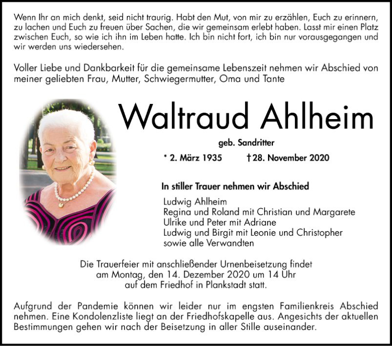  Traueranzeige für Waltraud Ahlheim vom 12.12.2020 aus Schwetzinger Zeitung