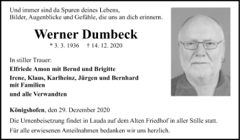 Traueranzeige von Werner Dumbeck von Fränkische Nachrichten
