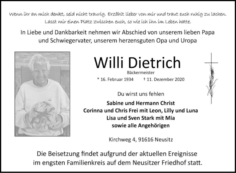  Traueranzeige für Willi Dietrich vom 19.12.2020 aus Fränkische Nachrichten