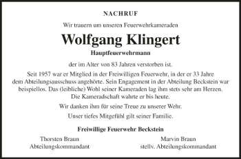 Traueranzeige von Wolfgang Klingert von Fränkische Nachrichten