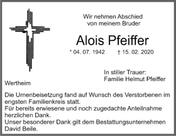 Traueranzeige von Alois Pfeiffer von Fränkische Nachrichten