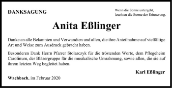 Traueranzeige von Anita Eßlinger von Fränkische Nachrichten