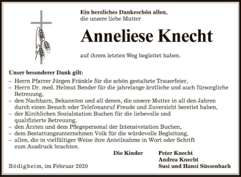 Traueranzeige von Anneliese Knecht von Fränkische Nachrichten