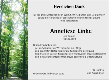 Traueranzeige von Anneliese Linke von Fränkische Nachrichten